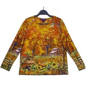 Gloria Vanderbilt Women's Medium Top Rhinestones in Trees Fall Farm Scene